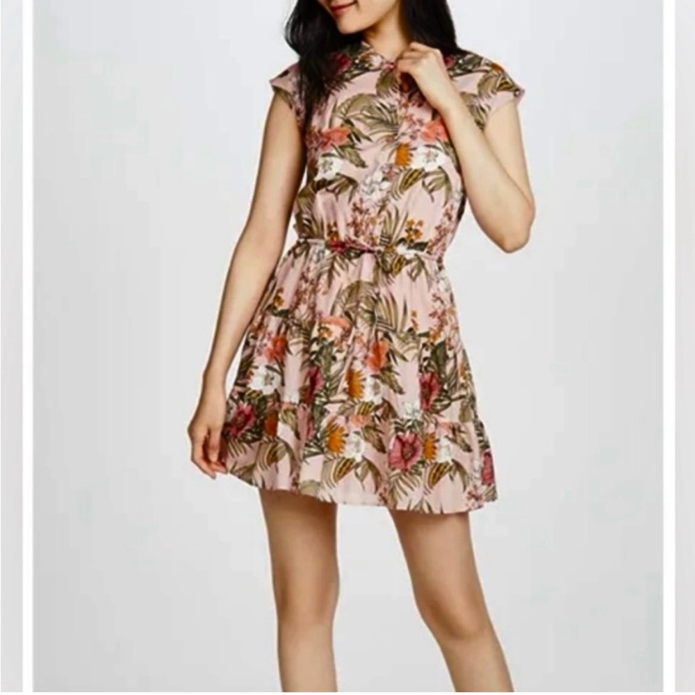 Rebecca Minkoff "Ollie" Tropical Rose Tiered Cap Sleeve Mini Dress